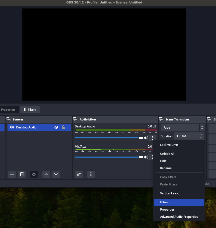 1. Open the Filters Window for your desktop audio track.