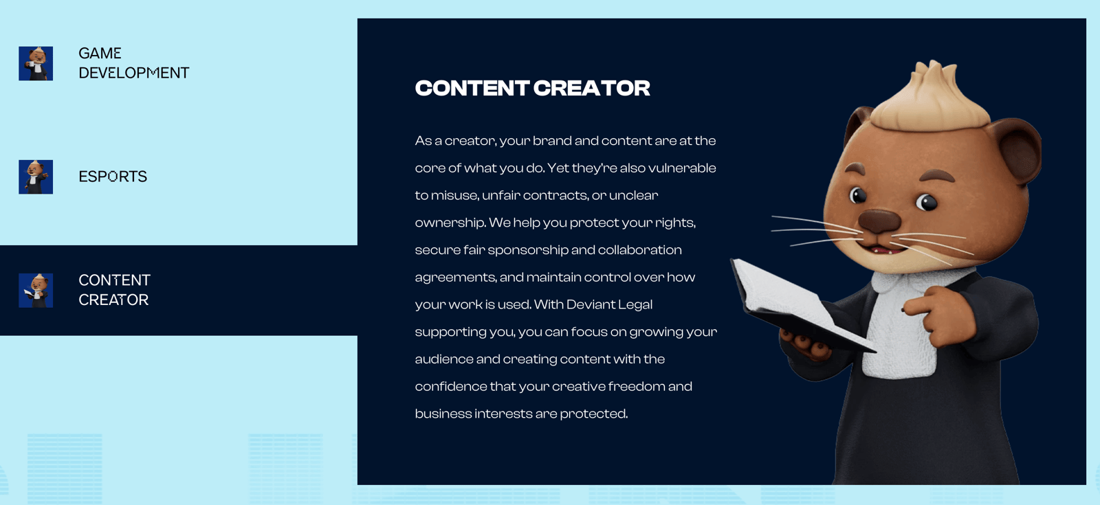Overview of Deviant Legal services for content creators, including contract review, negotiation support and free legal consultation