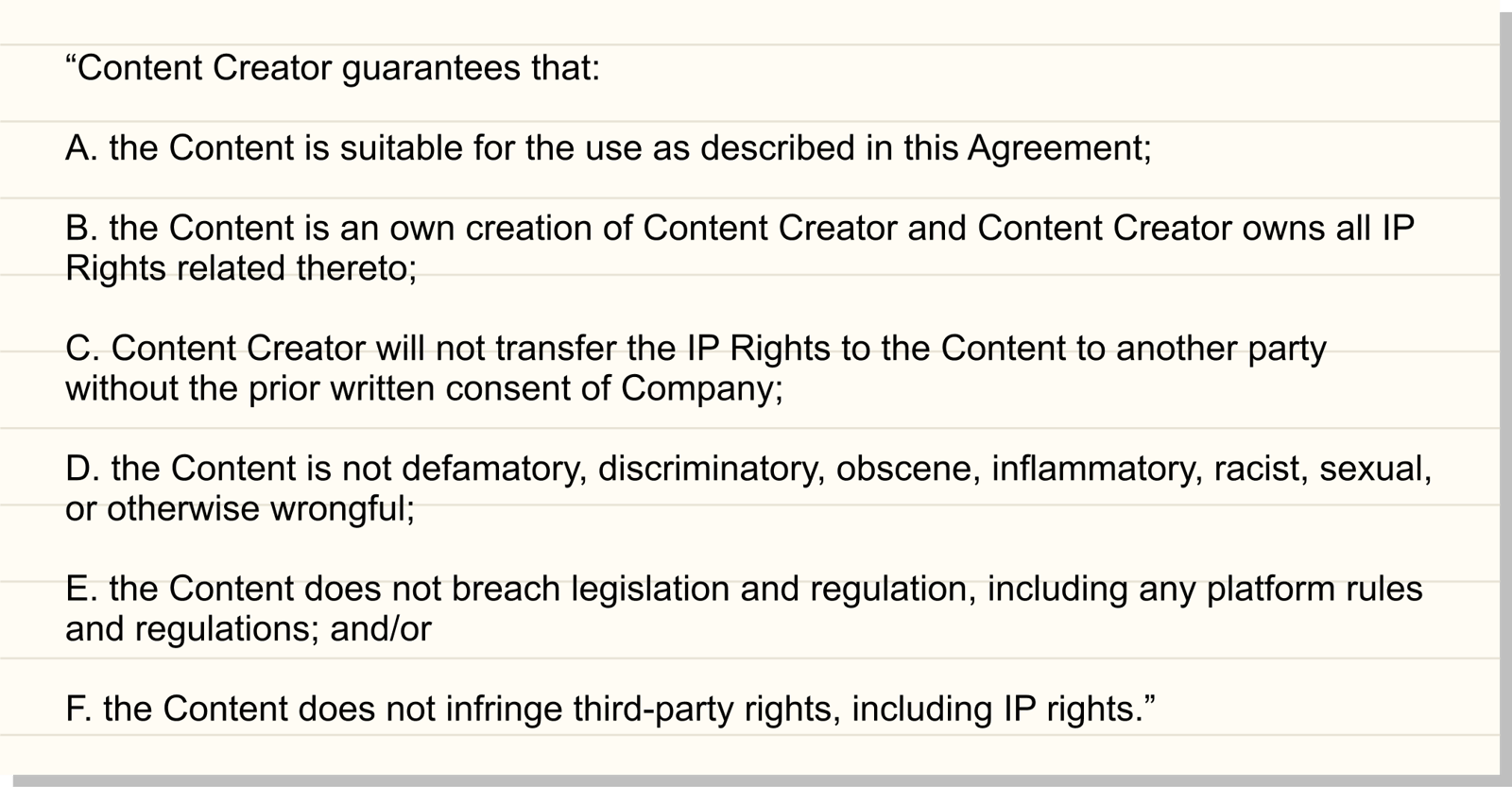 Example contract clause showing content warranties where the creator guarantees the content is original, does not infringe third-party rights and complies with brand guidelines