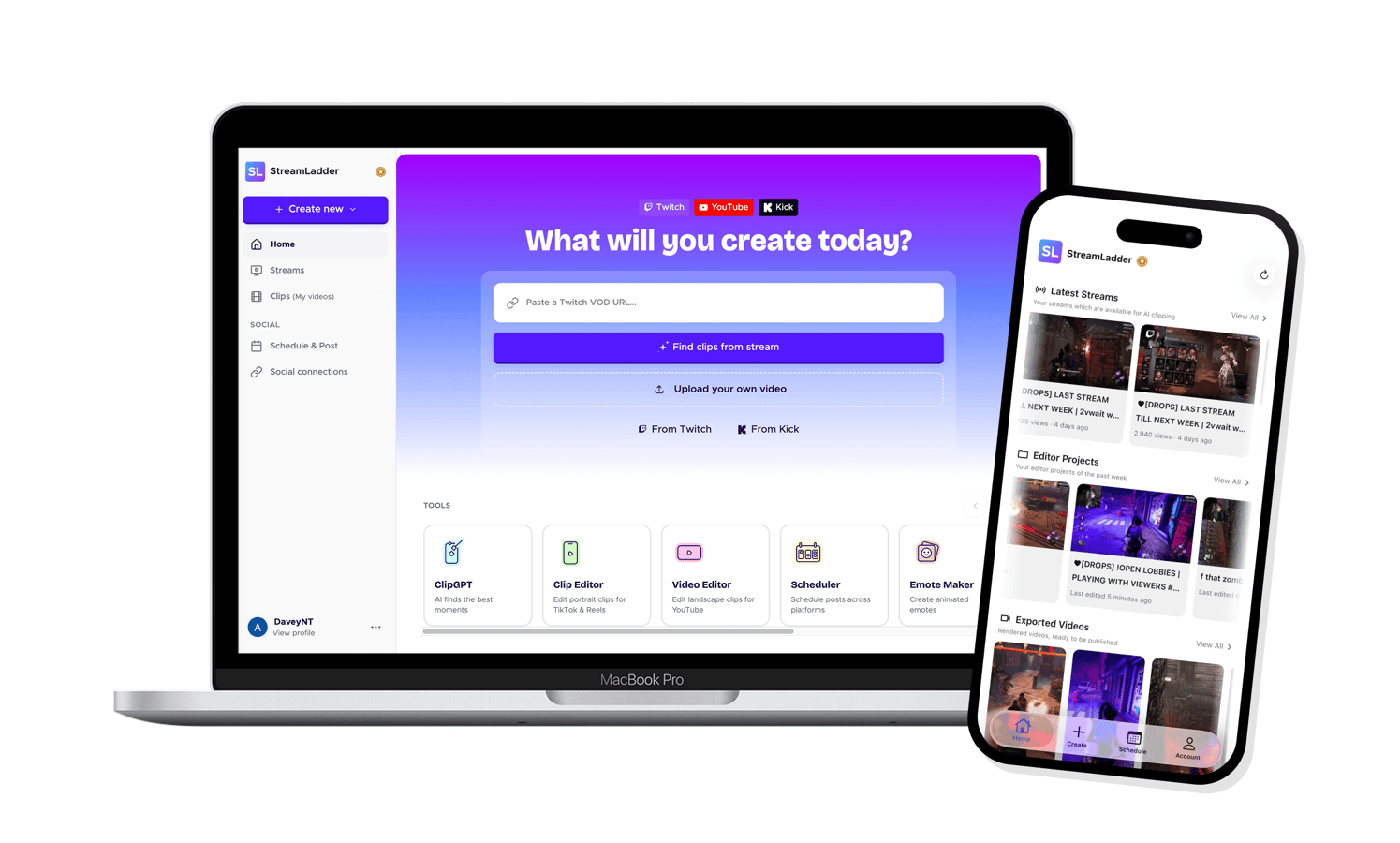 Panel de StreamLadder en un MacBook junto a la app móvil de StreamLadder en un teléfono, con los mismos streams, proyectos del editor y vídeos exportados sincronizados en ambos