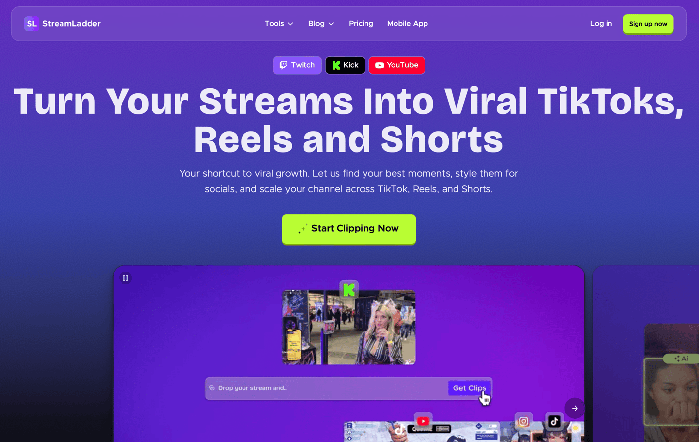 StreamLadder homepage showing tools for turning Twitch and Kick streams into TikToks, Reels, and Shorts