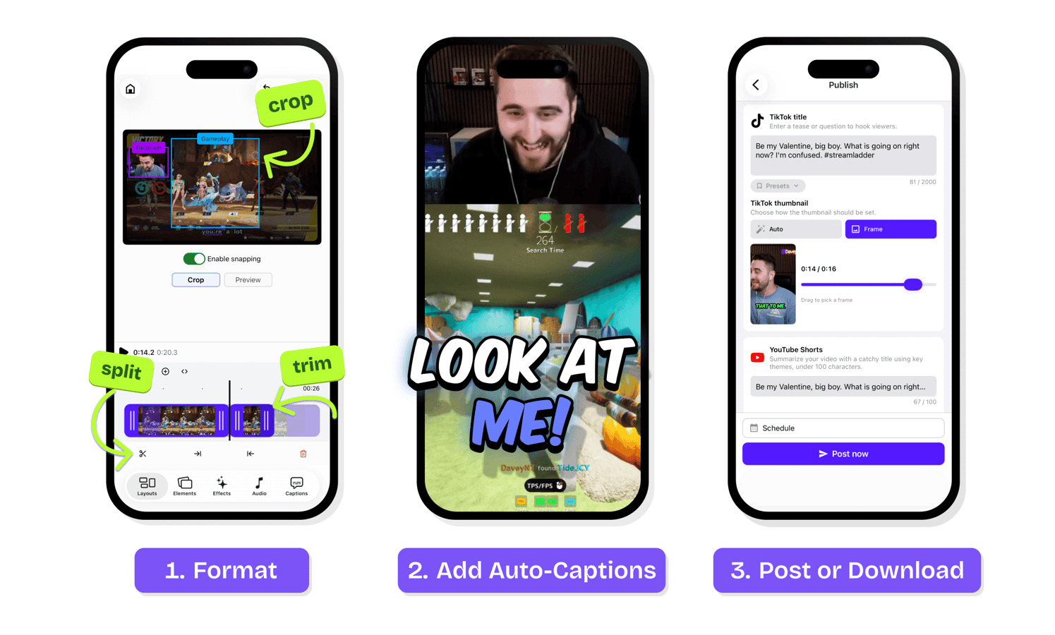 Tres pantallas de la app móvil de StreamLadder mostrando el flujo de trabajo: formatear un clip en el editor vertical, añadir subtítulos automáticos animados y publicar o descargar para TikTok y YouTube Shorts
