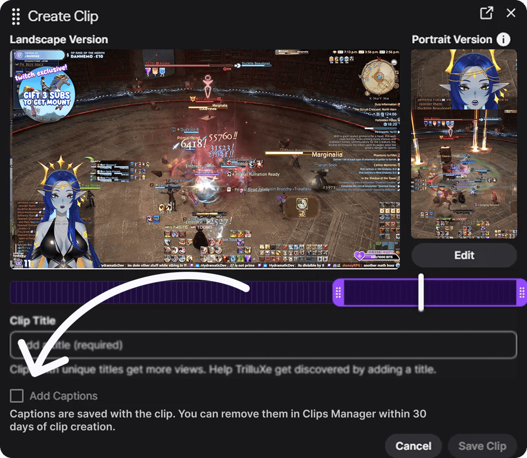 Twitch's Edit Clip page showing the automatically checked Add Captions option that burns captions into your clip