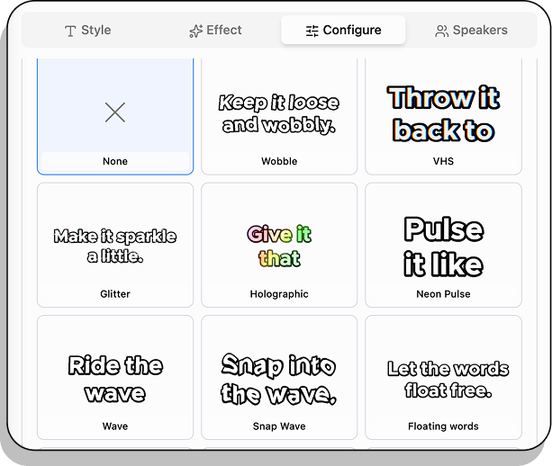 StreamLadder V2 Captions configure panel with animated caption effects like Wobble, VHS, Glitter, Holographic, Neon Pulse, and Wave