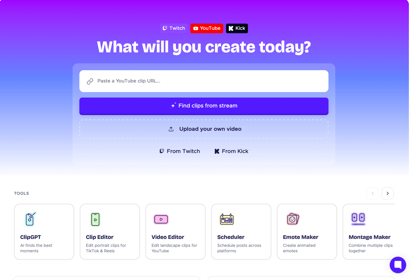StreamLadder dashboard where you paste a Twitch, YouTube, or Kick clip URL or upload your own video to start editing
