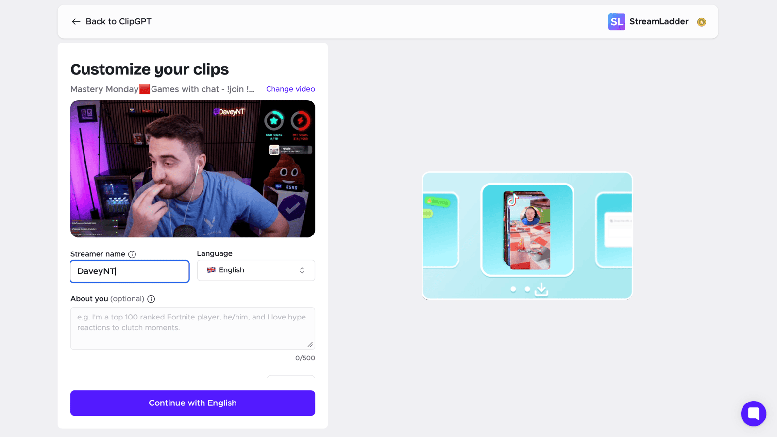 ClipGPT customize screen where you enter your streamer name and pick the caption language before the AI generates clips