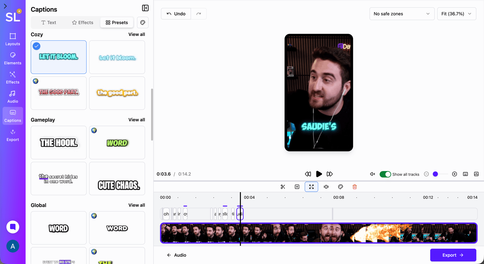 StreamLadder clip editor showing animated caption style presets on a vertical clip