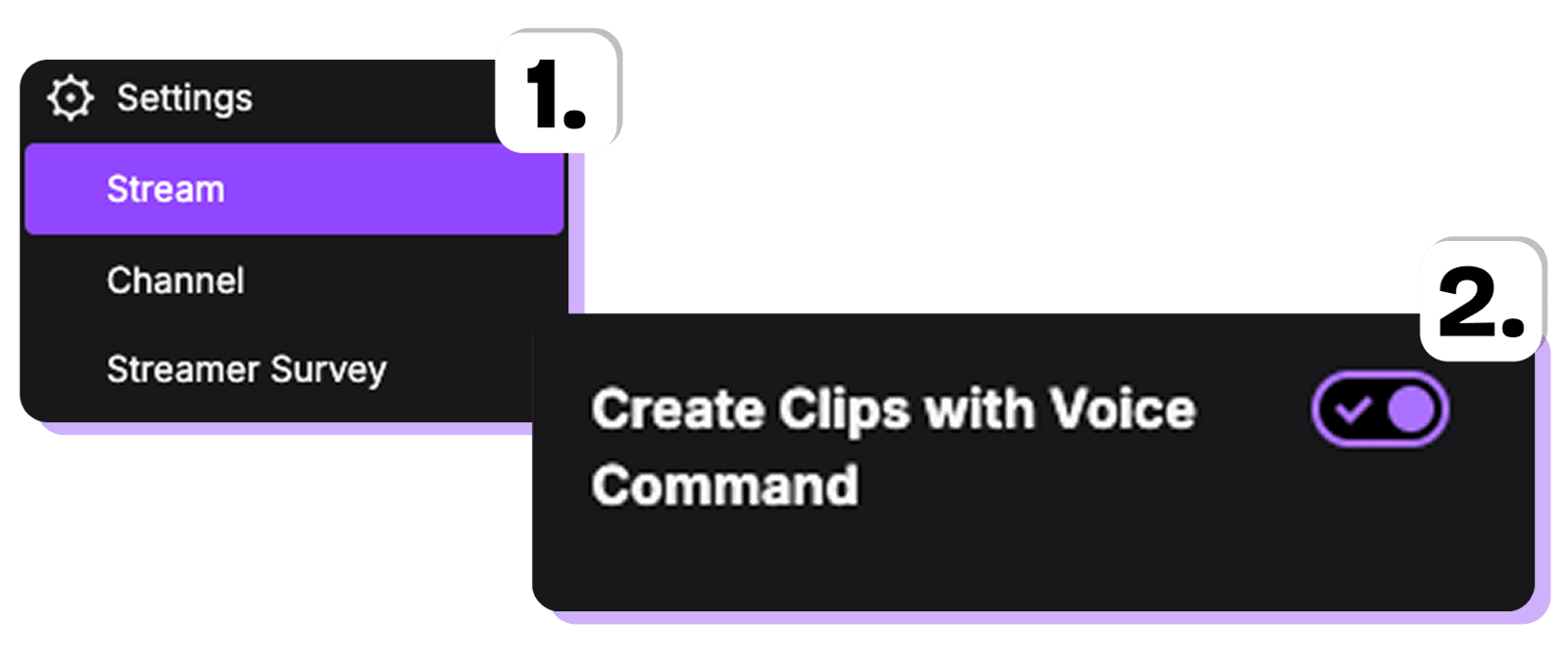 Twitch Stream settings with the Create Clips with Voice Command toggle enabled