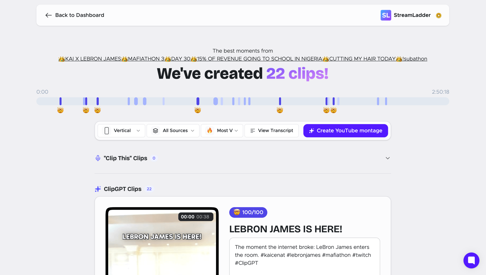 ClipGPT results page with 22 clips found from a stream and the Clip This voice command panel