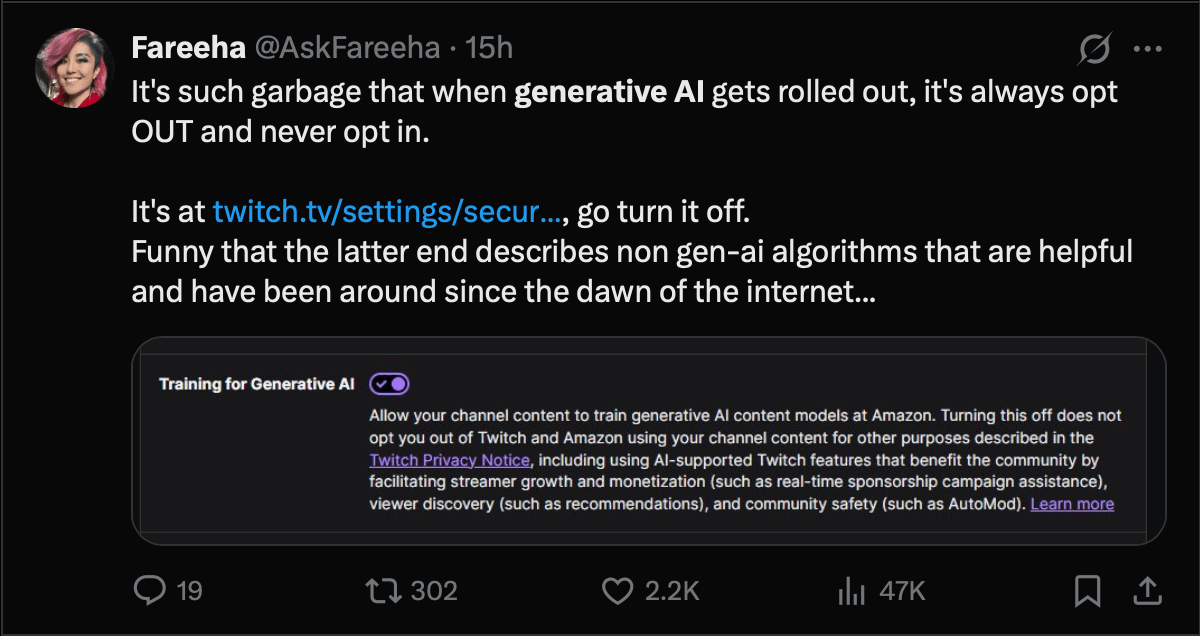 X post from AskFareeha commenting on streamer backlash to Twitch's Generative AI training feature