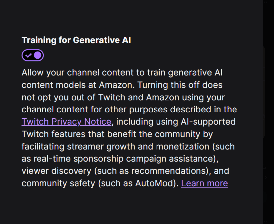Twitch privacy settings page highlighting the new Generative AI training toggle rolled out on 12 August 2026