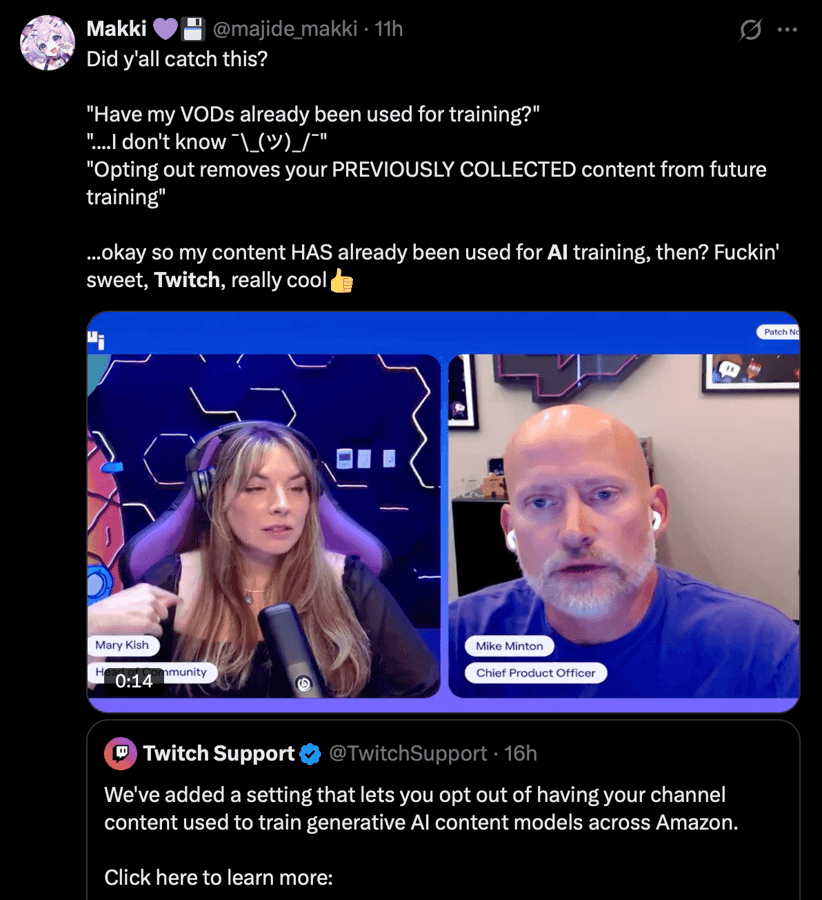 X post from user majide_makki reacting to Twitch's admission that previously collected content may already train Amazon's AI models