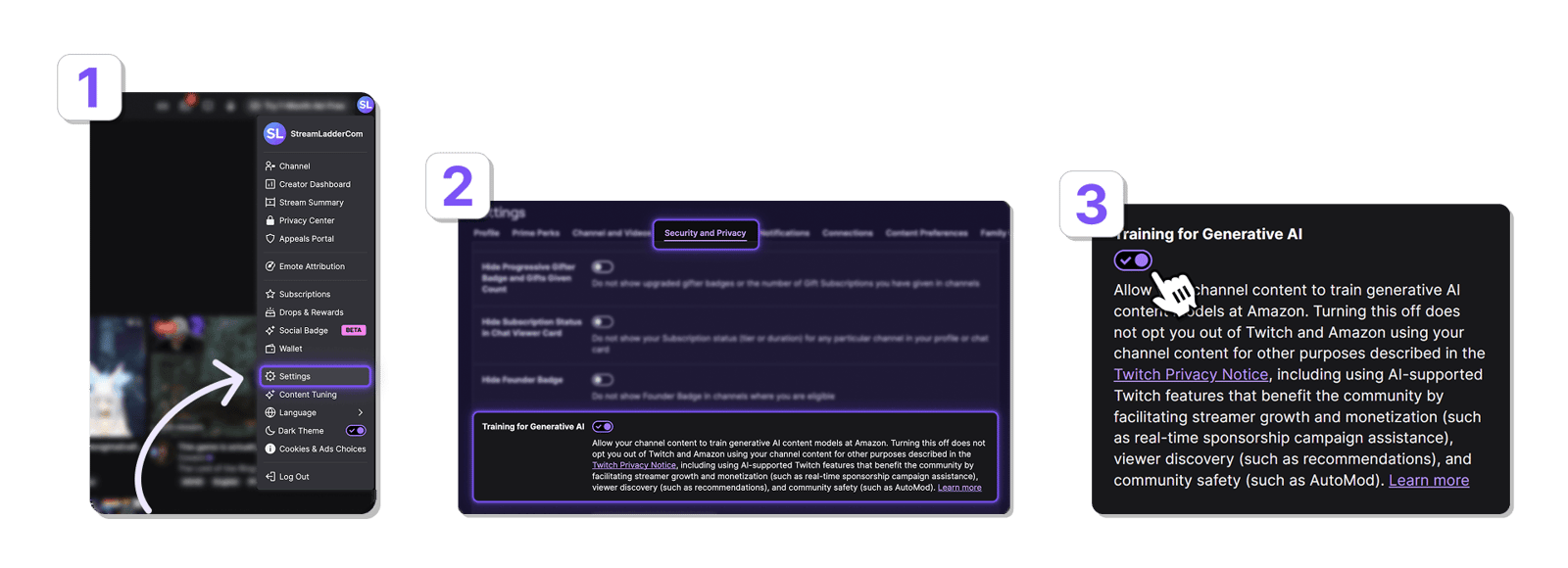 Twitch's Generative AI training toggle at the bottom of the Settings and Privacy menu, switched off