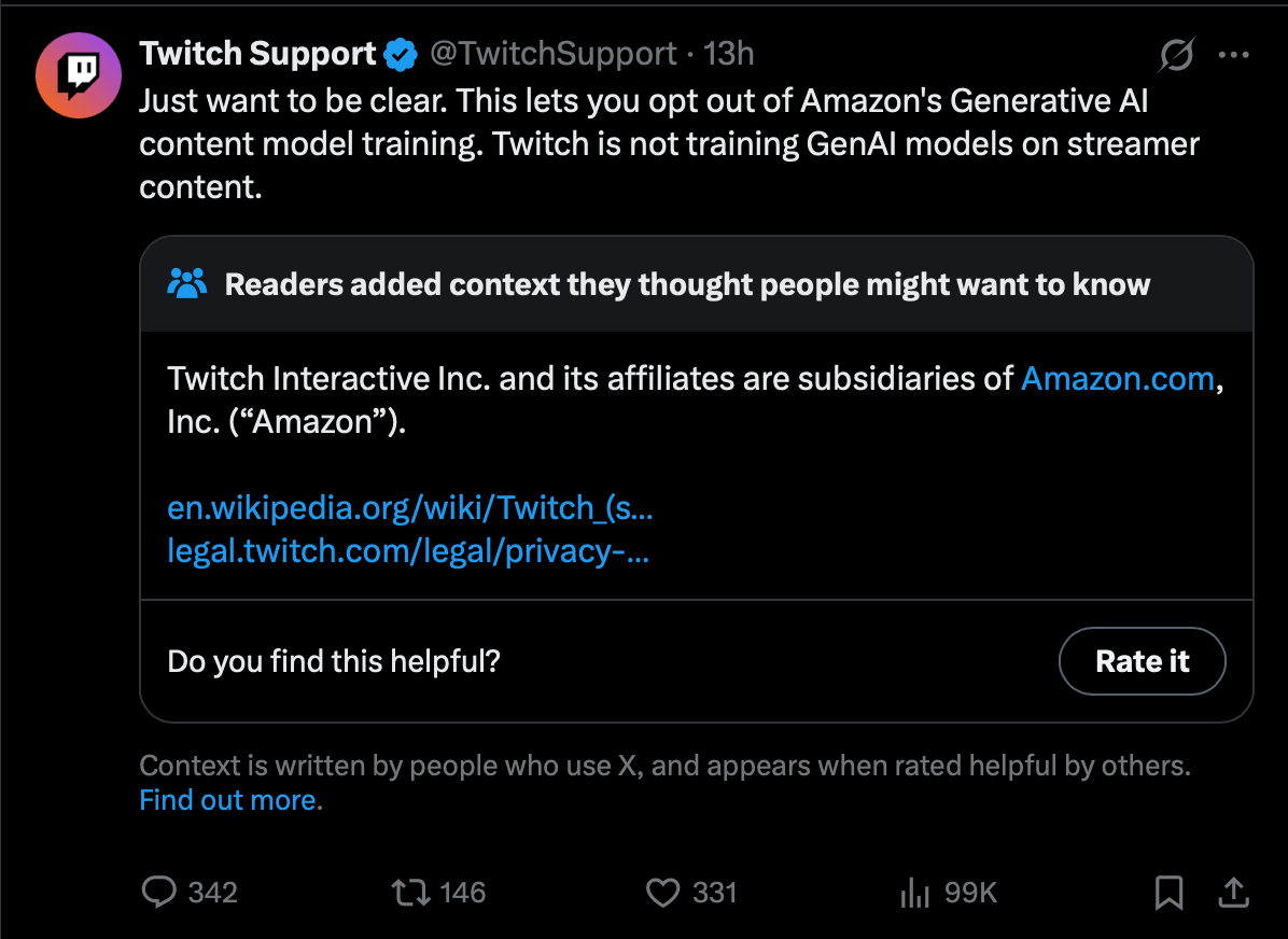 Twitch Support post on X clarifying that Twitch itself does not train generative AI models on streamer content